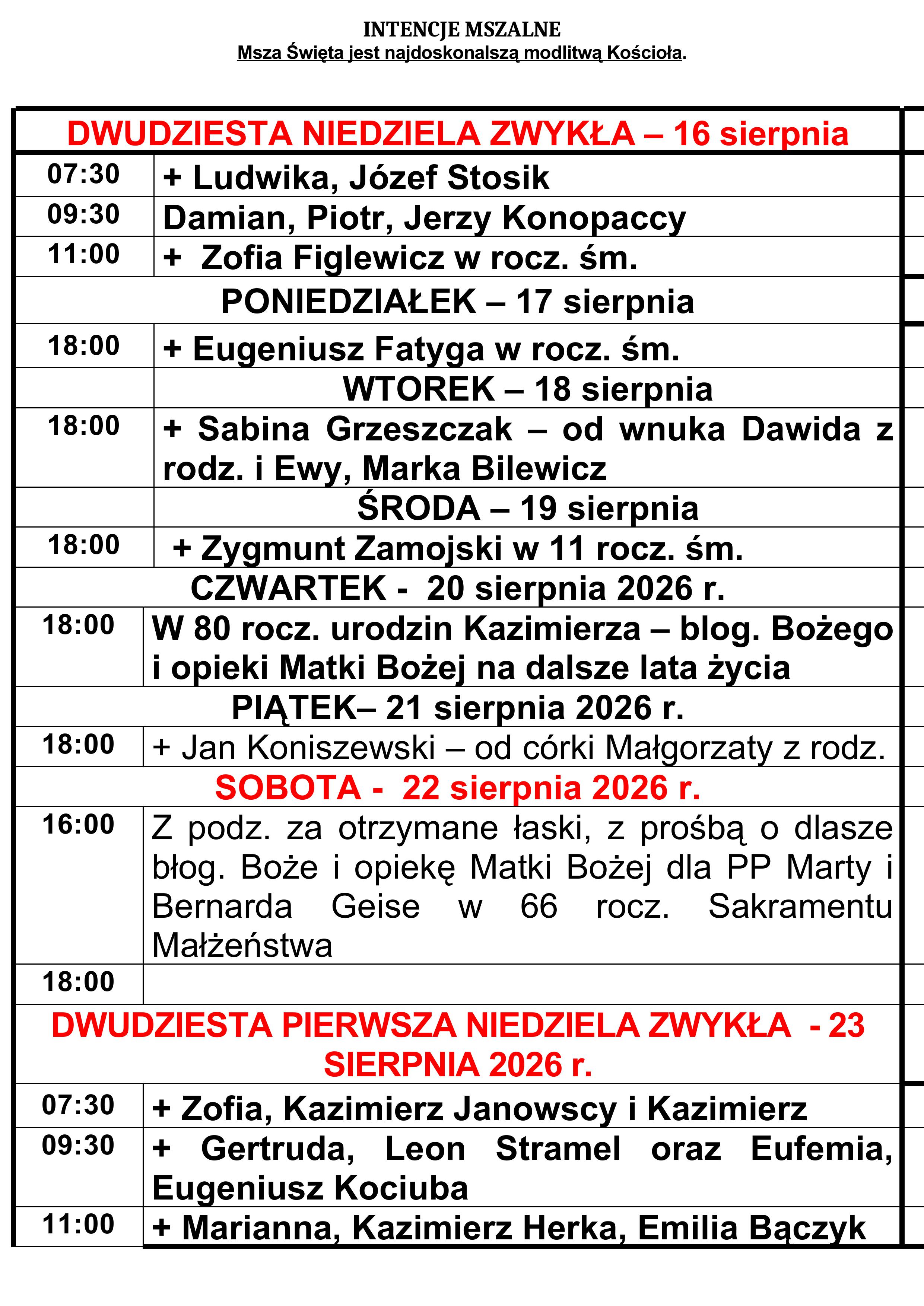 Intencje mszalne 16-23.08.2026